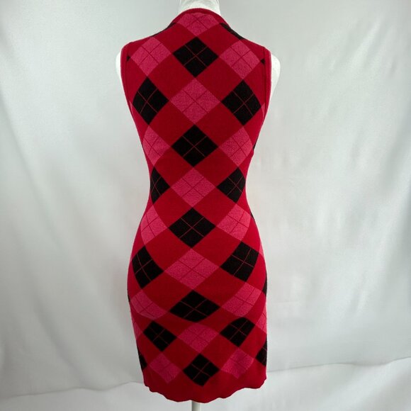 ZARA Girly Red Pink Black Argyle Diamond Stretchy Knit Dress – Preppy Y2K Small - Picture 6 of 12